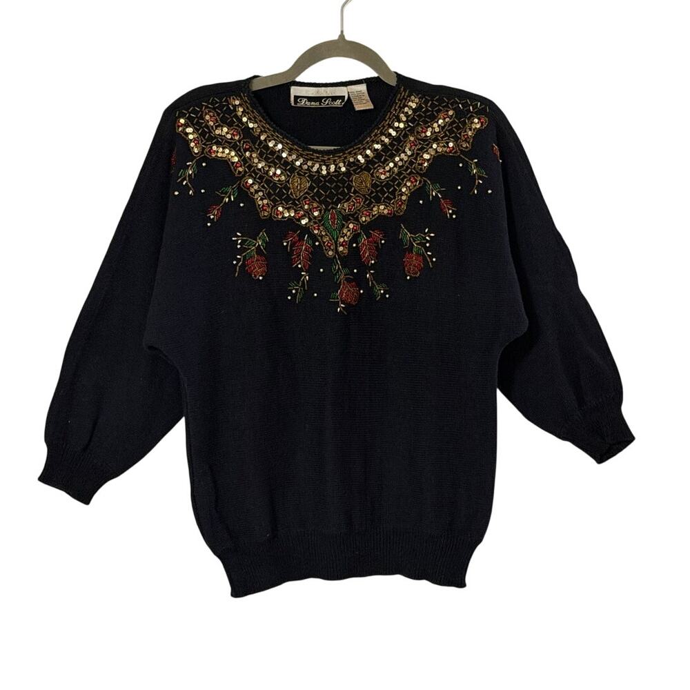 Dana Scott Vintage Embellished Black Sweater Size Small